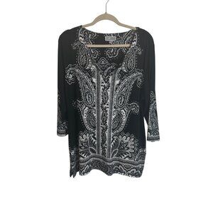 JM Collection Black & White Paisley Tunic Top 3/4 Sleeve XL Womens Blouse XL